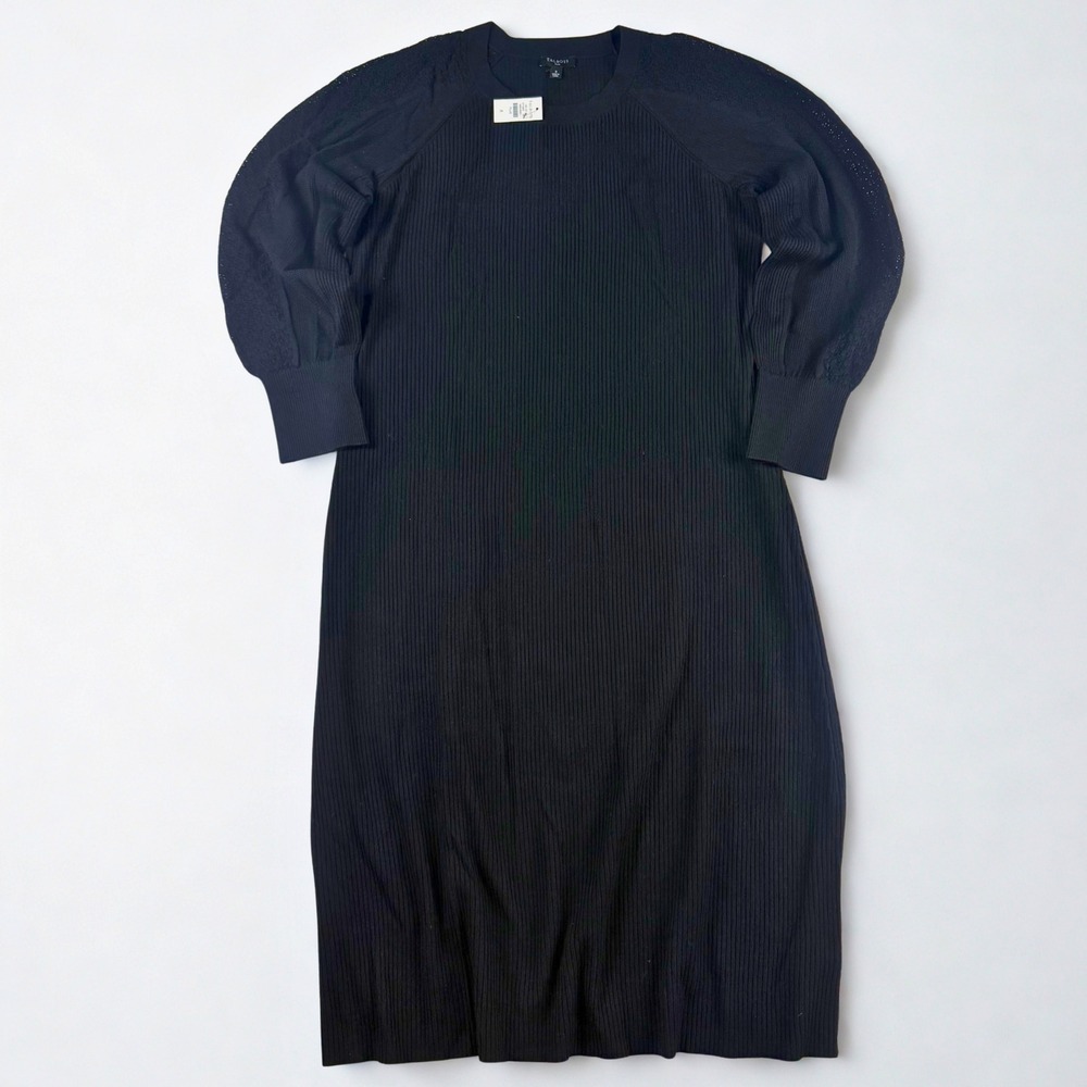 NWT Talbots Sweater Dress Womens 1X Black Ribbed Knit Crochet Lace Sleeve Midi